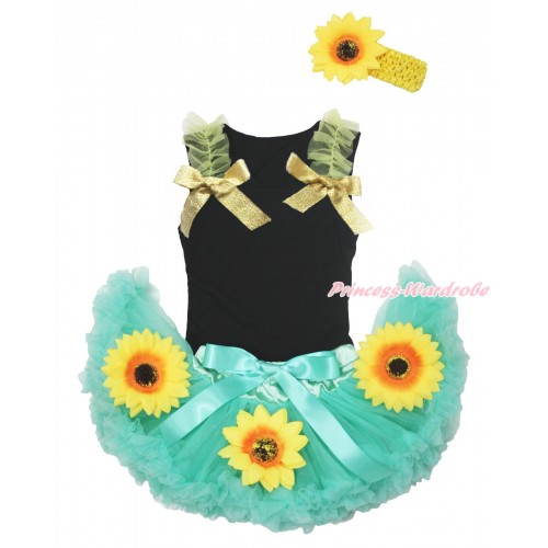Black Baby Pettitop Yellow Ruffles Sparkle Goldenrod Bow & Summer Sunflowers Aqua Blue Newborn Pettiskirt NG1697